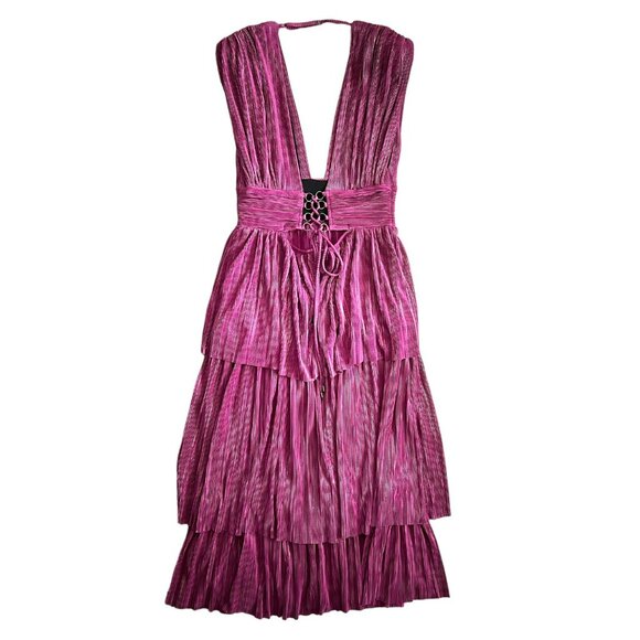 Sabina Musayev Judith Metallic Plunge Neck Pleated Layered Gown Purple Size XL - Picture 4 of 16